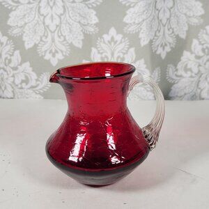 Vintage Cranberry Crackle Glass Miniature Pitcher/Creamer- Applied Handle 3.5”